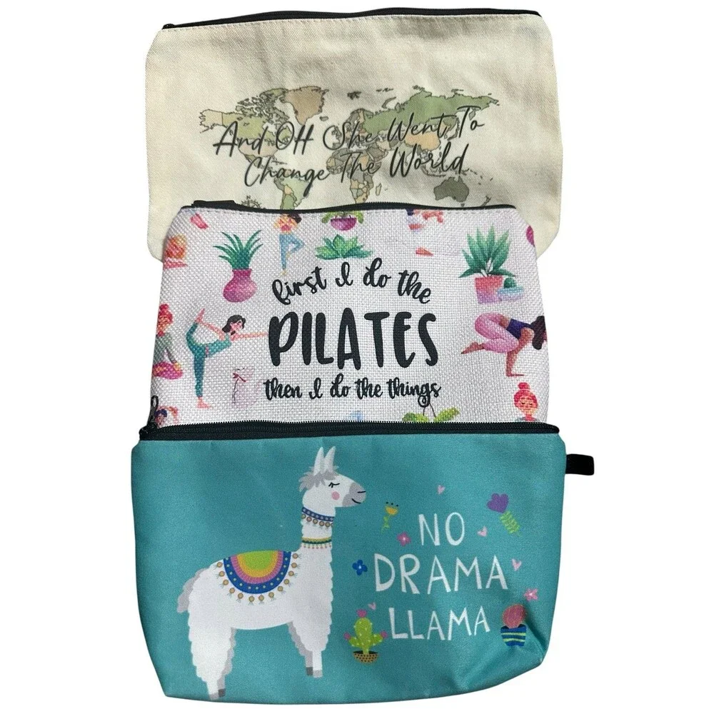 Lot of 3 Makeup/Cosmetics Pouches LLAMA PILATES WORLD! Small, Medium Large